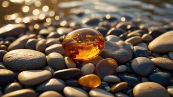 A glimmering amber stone rests among smooth pebbles by a shimmering water surface. photo