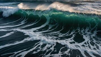 A close-up view of a crashing ocean wave with intricate patterns and foamy textures. photo