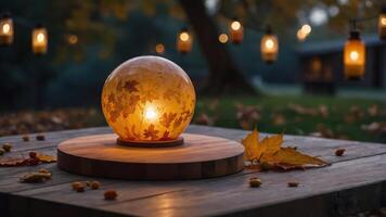 A glowing decorative orb surrounded by autumn leaves and lanterns in a tranquil outdoor setting. photo