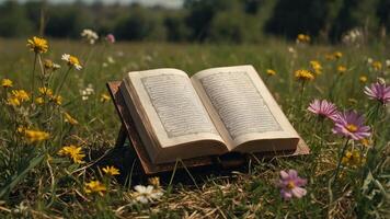 An open book rests on a stand amidst wildflowers in a sunny field. photo