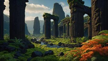 Lush landscape featuring ancient stone ruins surrounded by vibrant vegetation and a flowing stream. photo
