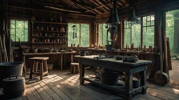 A rustic workshop filled with tools and wooden furniture, surrounded by nature. photo