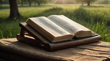 An open book rests on a wooden stand in a serene grassy field, illuminated by sunlight. photo