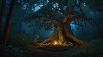 A mystical tree in a foggy forest, illuminated by a small fire, creating an enchanting atmosphere. photo