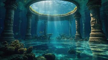 An underwater scene featuring ancient columns and beams of light filtering through the water. photo