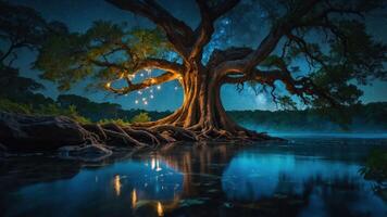 A serene night scene featuring a large tree illuminated by lights, reflecting in calm waters. photo