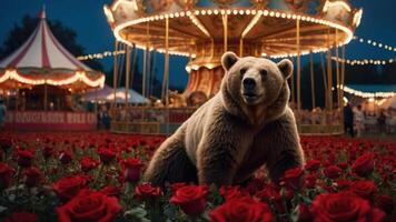 A bear stands among roses in a carnival setting with a carousel in the background. photo