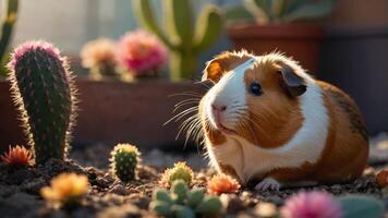 A guinea pig resting among colorful cacti in a sunlit environment. photo