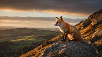 A fox perched on a rock, overlooking a scenic landscape at sunset. photo