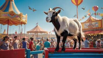 A goat stands on a platform at a lively carnival, surrounded by a crowd and colorful tents. photo