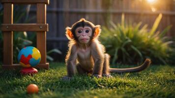 A young monkey sitting on grass with toys in a vibrant outdoor setting. photo