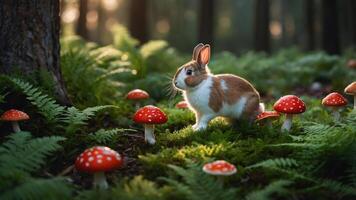 A rabbit explores a forest scene adorned with vibrant red mushrooms and lush ferns. photo