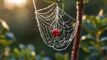 A spider web adorned with dew drops and a red berry, captured in soft morning light. photo