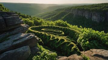 A lush, green spiral path carved into a hillside, surrounded by mountains and trees. photo