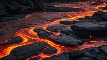 Lava flowing over dark rocks, creating a striking contrast of colors and textures. photo