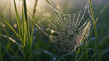 A close-up of a spider web adorned with dew drops in a grassy field during sunrise. photo