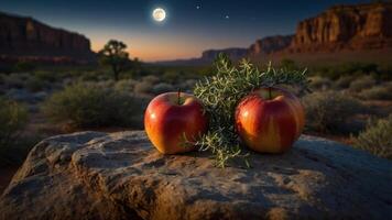 Two apples on a rock under a moonlit sky in a desert landscape. photo