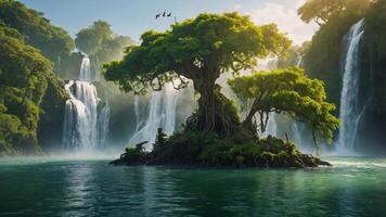 A serene landscape featuring a lush tree island surrounded by waterfalls and tranquil waters. photo