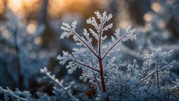 A close-up of frost-covered foliage glistening in soft sunlight. photo