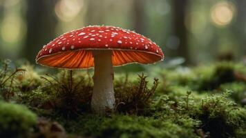 A vibrant red mushroom with white spots, surrounded by lush green moss in a forest setting. photo