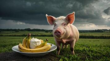 A pig stands beside a plate of bananas and ice cream under a stormy sky in a field. photo