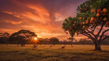 A vibrant sunset scene with kangaroos in a grassy field under a fruit-laden tree. photo