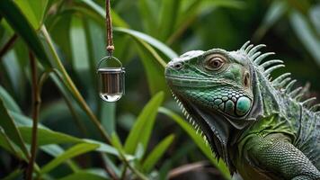 A green iguana curiously observes a small reflective object hanging in a lush environment. photo