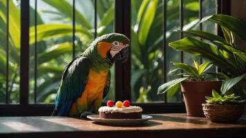A colorful parrot beside a small cake on a table in a lush environment. photo