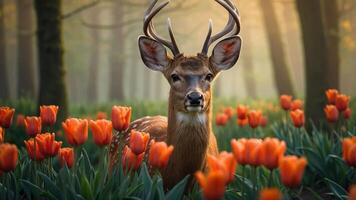 A deer stands among vibrant tulips in a serene forest setting. photo