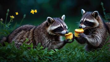 Two raccoons enjoying cupcakes in a lush green setting. photo