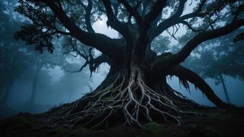 A majestic tree with sprawling roots in a misty forest setting. photo
