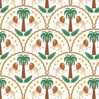 Tropical pattern with lions and palm trees. Exotic hand drawn print. vector