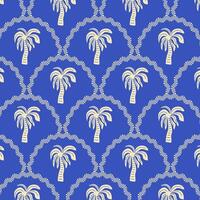 Pattern with palm tree in retro style. Blue vintage tropical background. vector