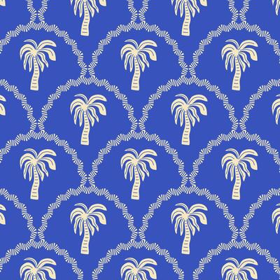 Pattern with palm tree in retro style. Blue vintage tropical background.