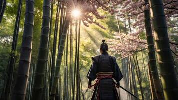 A samurai stands in a bamboo forest, illuminated by sunlight filtering through cherry blossoms. photo