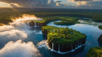 Aerial view of lush islands with waterfalls surrounded by water and vibrant clouds. photo