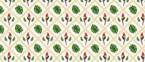 Monotone tropical pattern with parrot and palm leaves. Checkered summer print exotic. vector