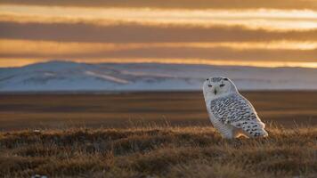 A snowy owl stands on grass during sunset, with mountains in the background. photo