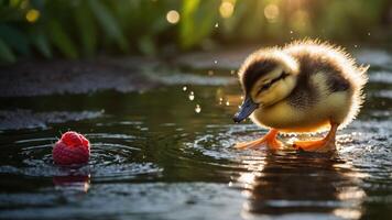 A fluffy duckling curiously approaches a raspberry in a serene pond setting. photo