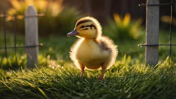 A fluffy duckling stands on green grass, illuminated by warm sunlight. photo