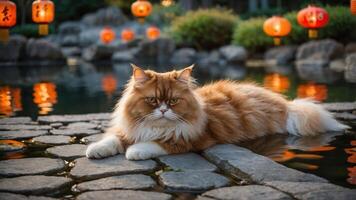 A fluffy cat lounges by a serene pond illuminated by lanterns in a tranquil setting. photo