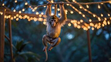 A playful monkey hanging from a rope adorned with twinkling lights in a natural setting. photo