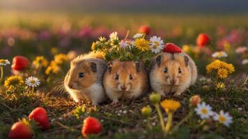Three adorable guinea pigs surrounded by flowers and strawberries in a vibrant field. photo