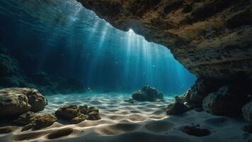 A serene underwater scene with sunlight filtering through rocks and illuminating sandy floor. photo
