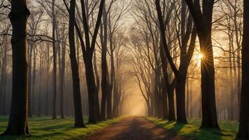 A serene pathway lined with trees, illuminated by soft sunlight through morning mist. photo