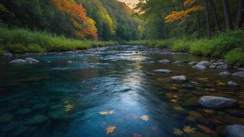 Serene river flowing through a forest with autumn foliage. photo