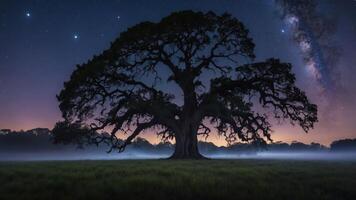A majestic tree silhouetted against a starry night sky, creating a serene landscape. photo
