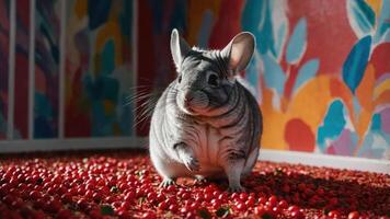 A chubby chinchilla stands on a bed of red berries in a brightly colored room. photo