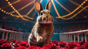 A rabbit in a circus setting surrounded by roses, creating a whimsical atmosphere. photo