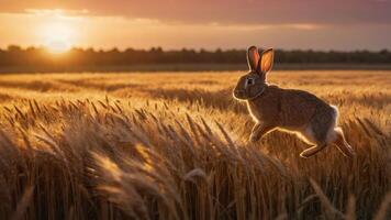 A rabbit leaps through a golden wheat field during sunset, capturing a serene moment in nature. photo